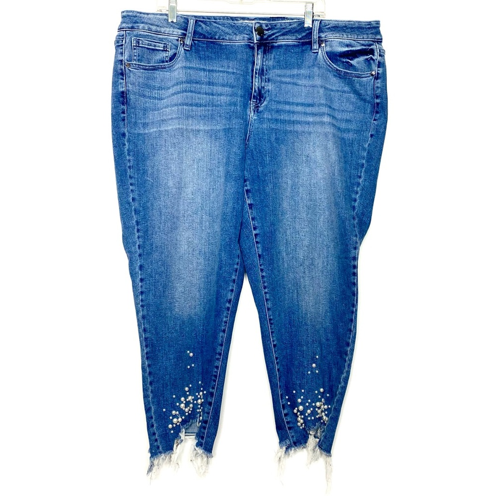 Lane Bryant Blue Ankle Jeans with Distressed Hem and Pearl Detail
